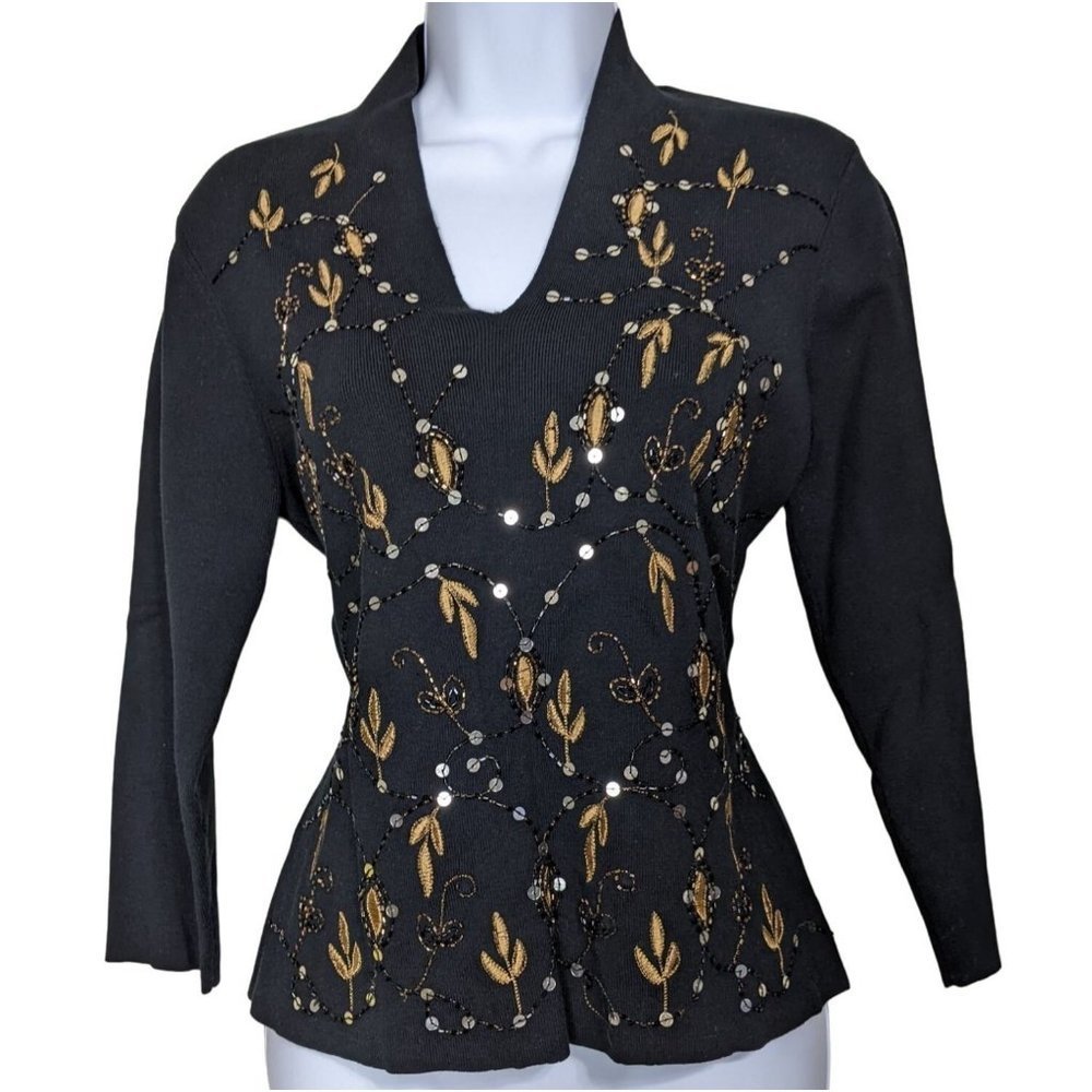 Peck & Peck Black silk blend V-Neck Sweater sequins beads Women's Size M